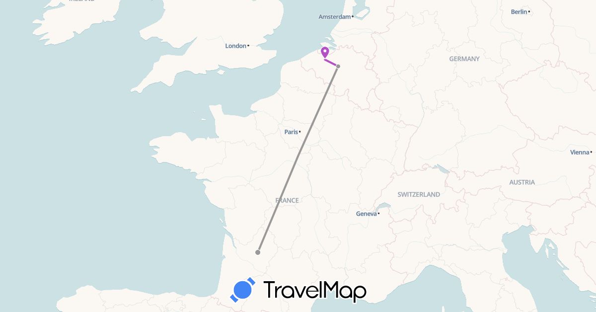 TravelMap itinerary: plane, train in Belgium, France (Europe)